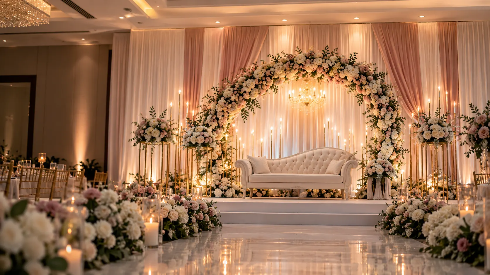 Elegant event stage decorated with florals